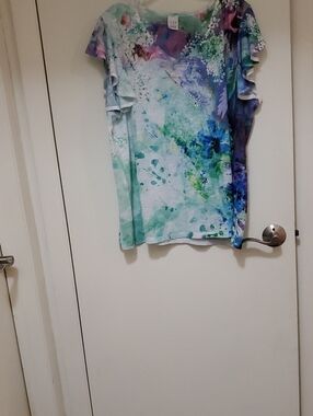 Short Sleeves Multicolor Watercolor Floral - Blue Green Purple